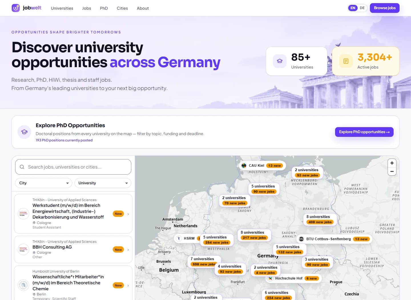 Originalansicht der Jobwelt-Website mit Hochschuljobs und interaktiver Deutschlandkarte
